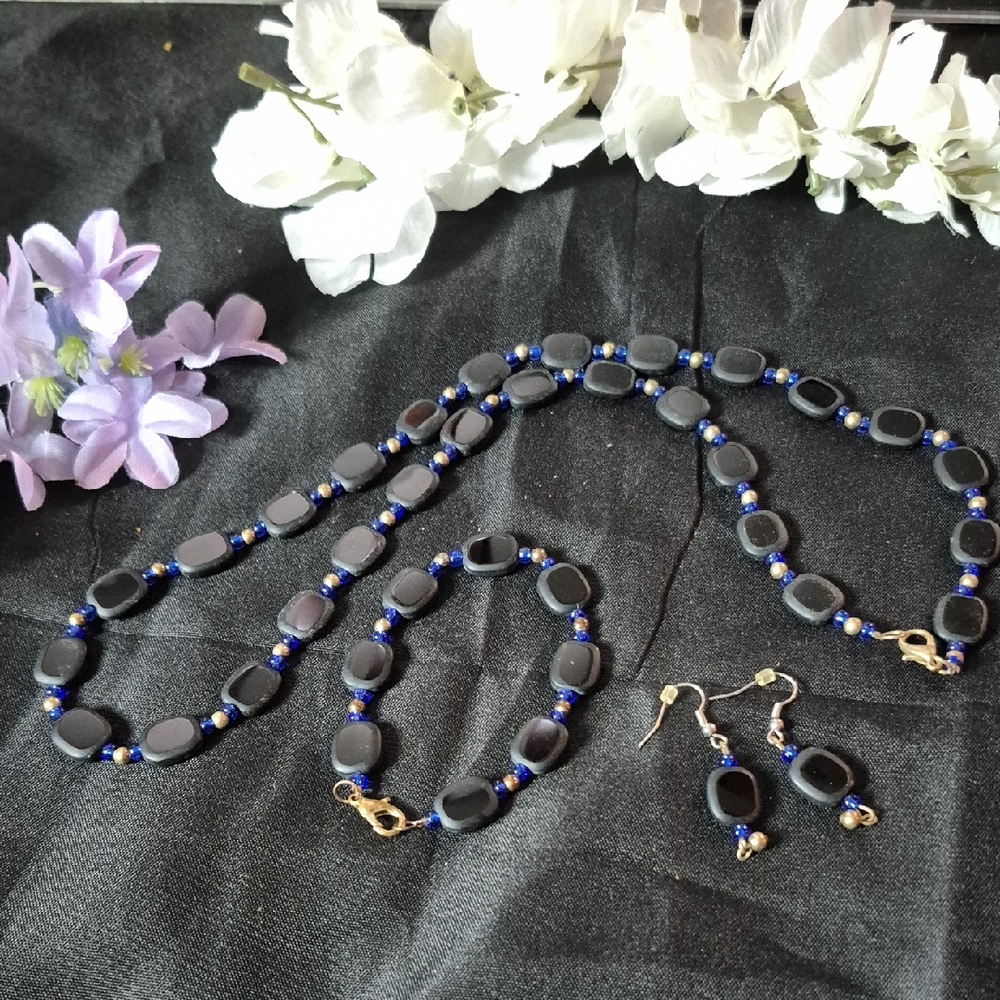 Handcrafted Black and Blue Beaded Necklace with Matching Earrings